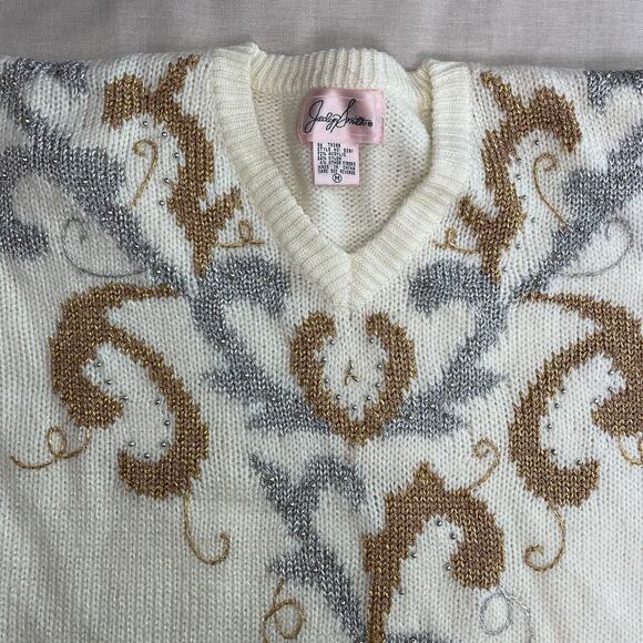 Vintage Knit Sweater Womens Size Medium M Cream Gold Metallic V Neck Beaded 90s - Picture 2 of 8